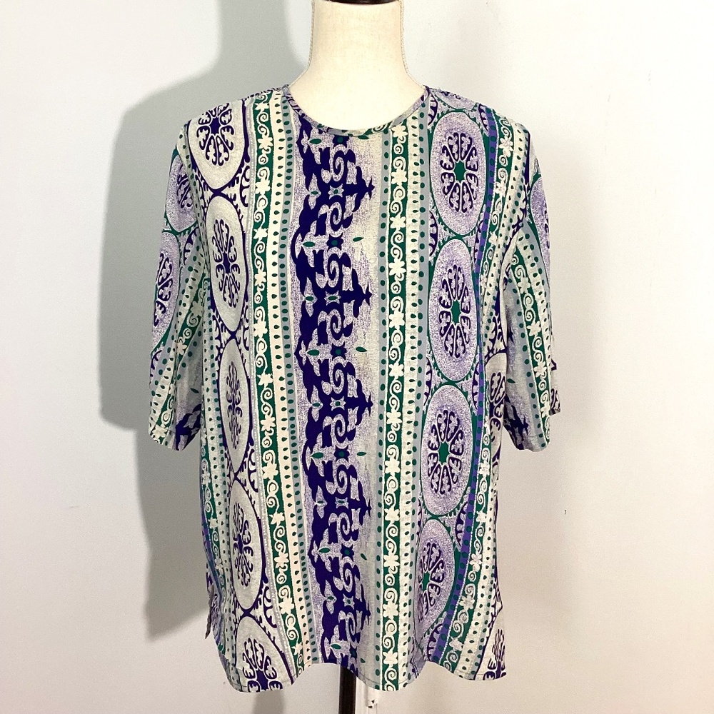 VINTAGE 90'S NORA NOH PLUS 1X 100% SILK SHORT SLEEVE BLOUSE LUXURIOUS RETRO
